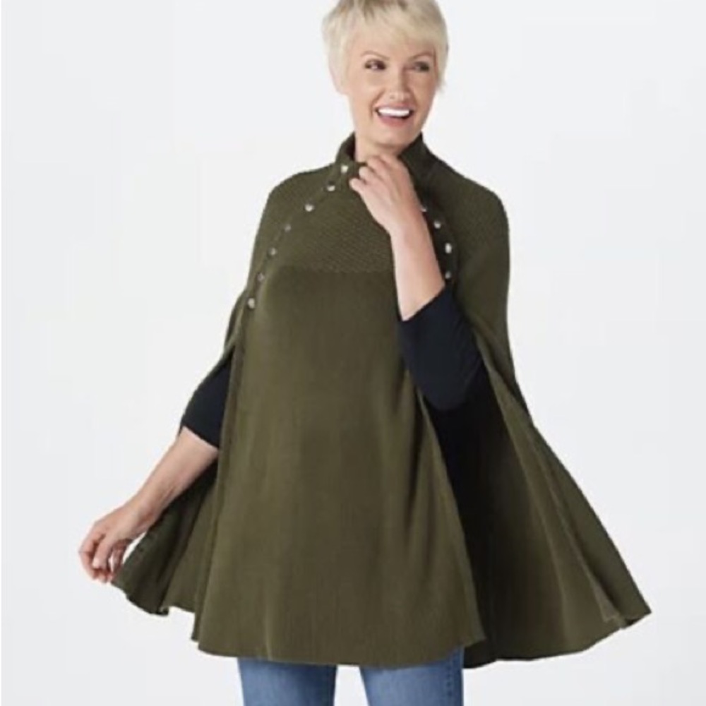 🆕 GILI Military-Inspired Olive Green Sweater Cape Poncho With Silver Hardware